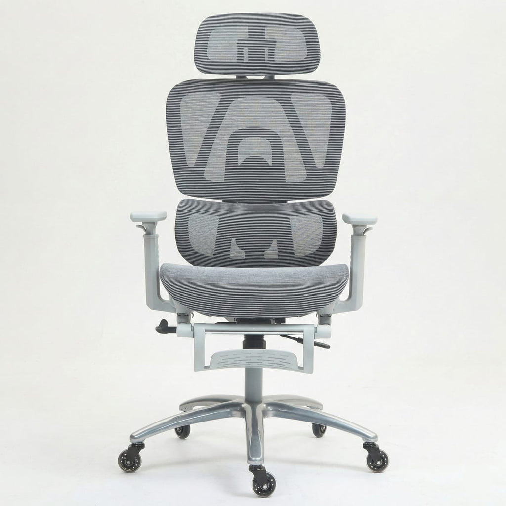 Scaun de birou ergonomic cu suport lombar dinamic, tetiera 3D si cotiere reglabile, mesh alb-gri 1