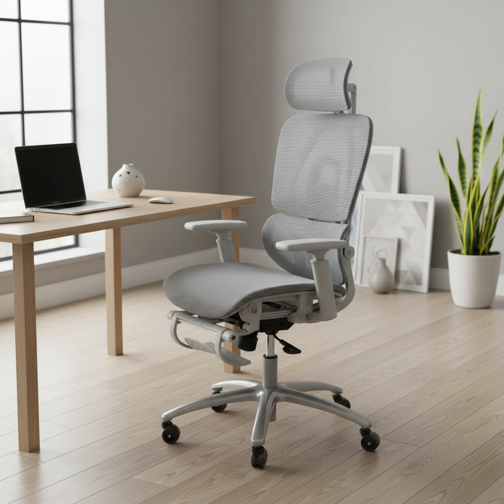 Scaun de birou ergonomic cu suport lombar dinamic, tetiera 3D si cotiere reglabile, mesh alb-gri 3