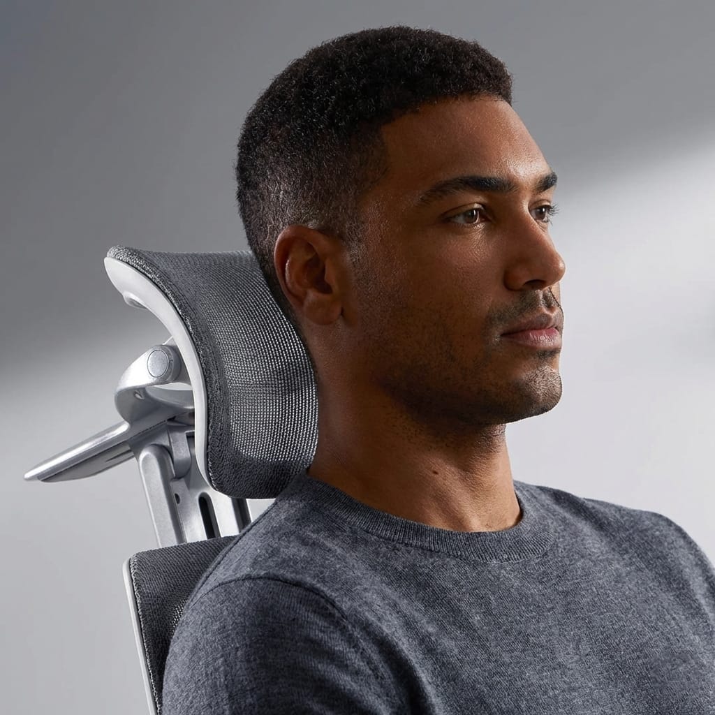 Scaun de birou ergonomic cu suport lombar dinamic, tetiera 3D si cotiere reglabile, mesh alb-gri 4