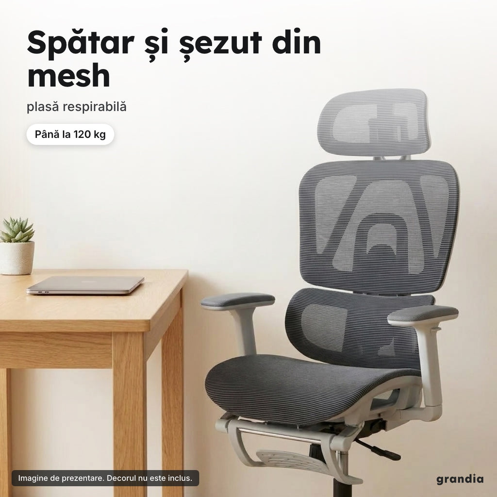 Scaun de birou ergonomic mesh, alb-gri – Spătar și șezut din mesh