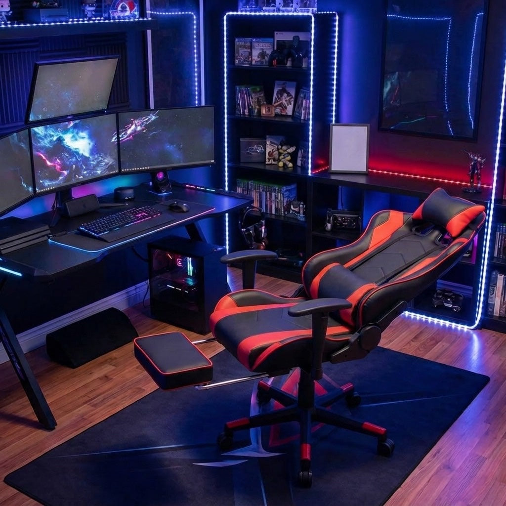 PRO-X COMFORT Scaun Gaming cu Suport pentru Picioare, Negru-Rosu 5