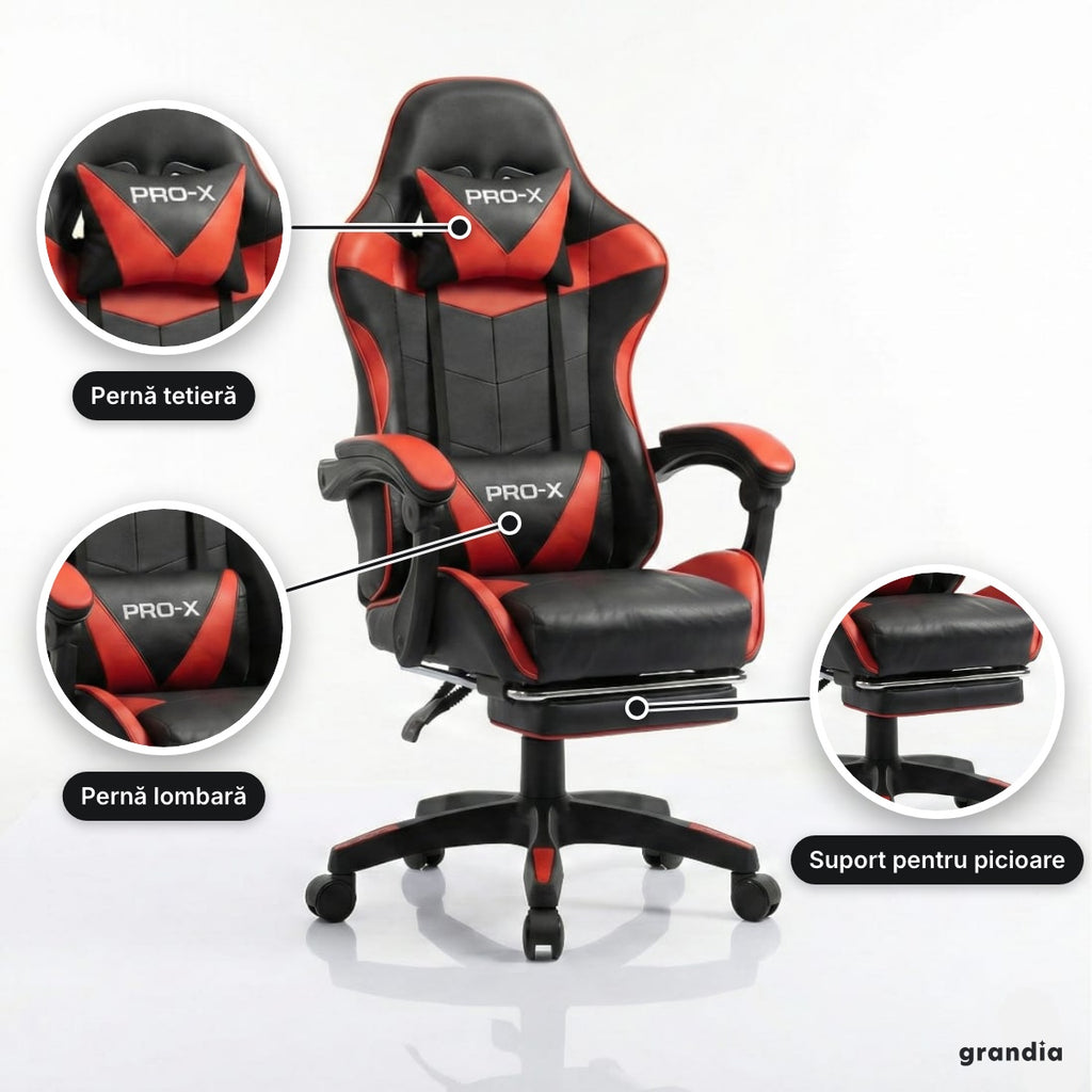 Scaun de gaming cu suport pentru picioare, negru-roșu – detalii de aproape