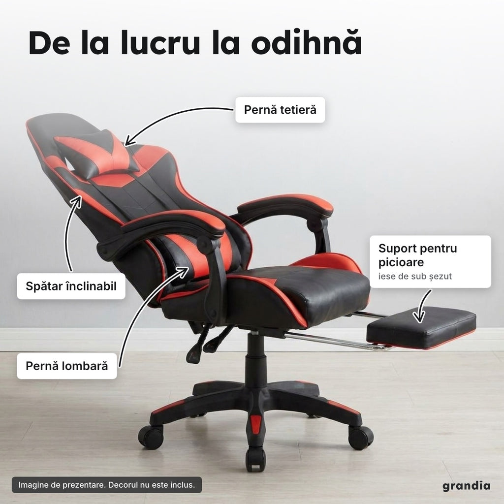 Scaun de gaming cu suport pentru picioare, negru-roșu – De la lucru la odihnă