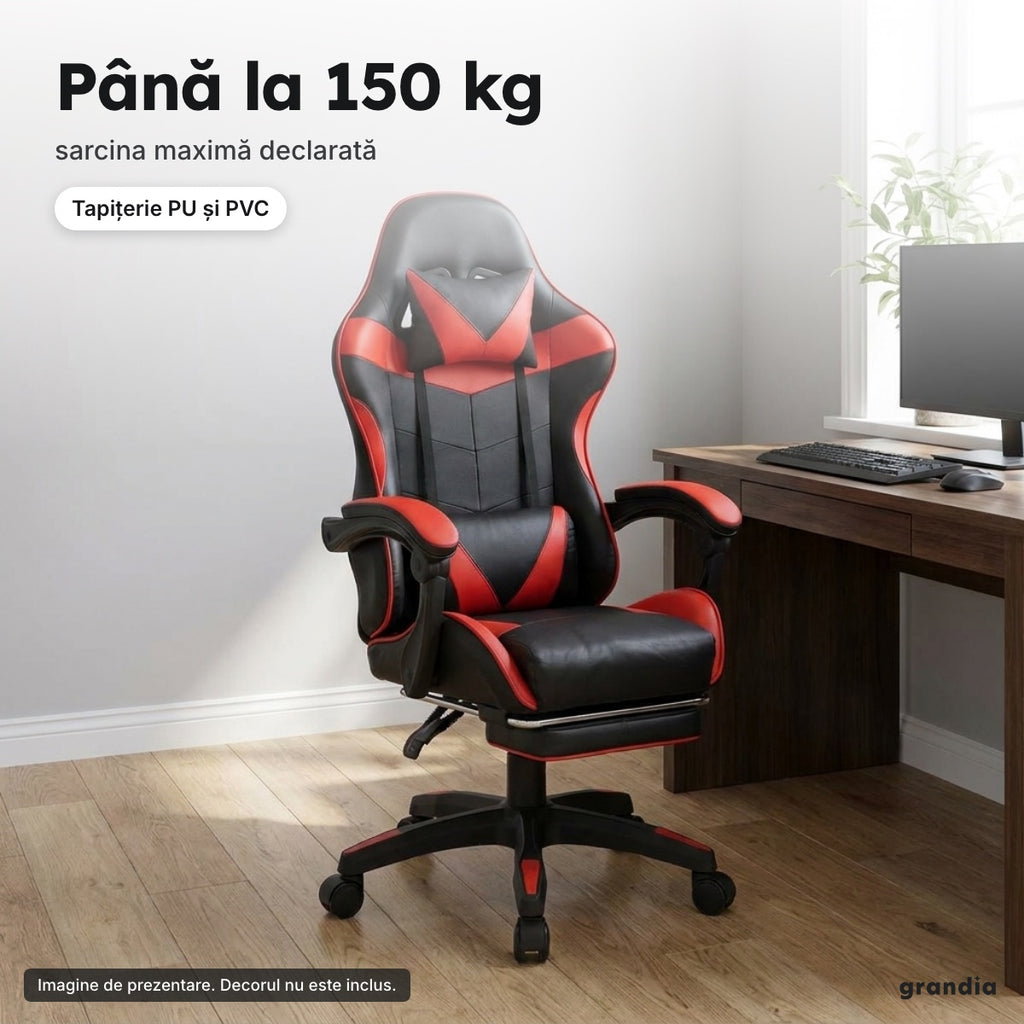 Scaun de gaming cu suport pentru picioare, negru-roșu – Până la 150 kg