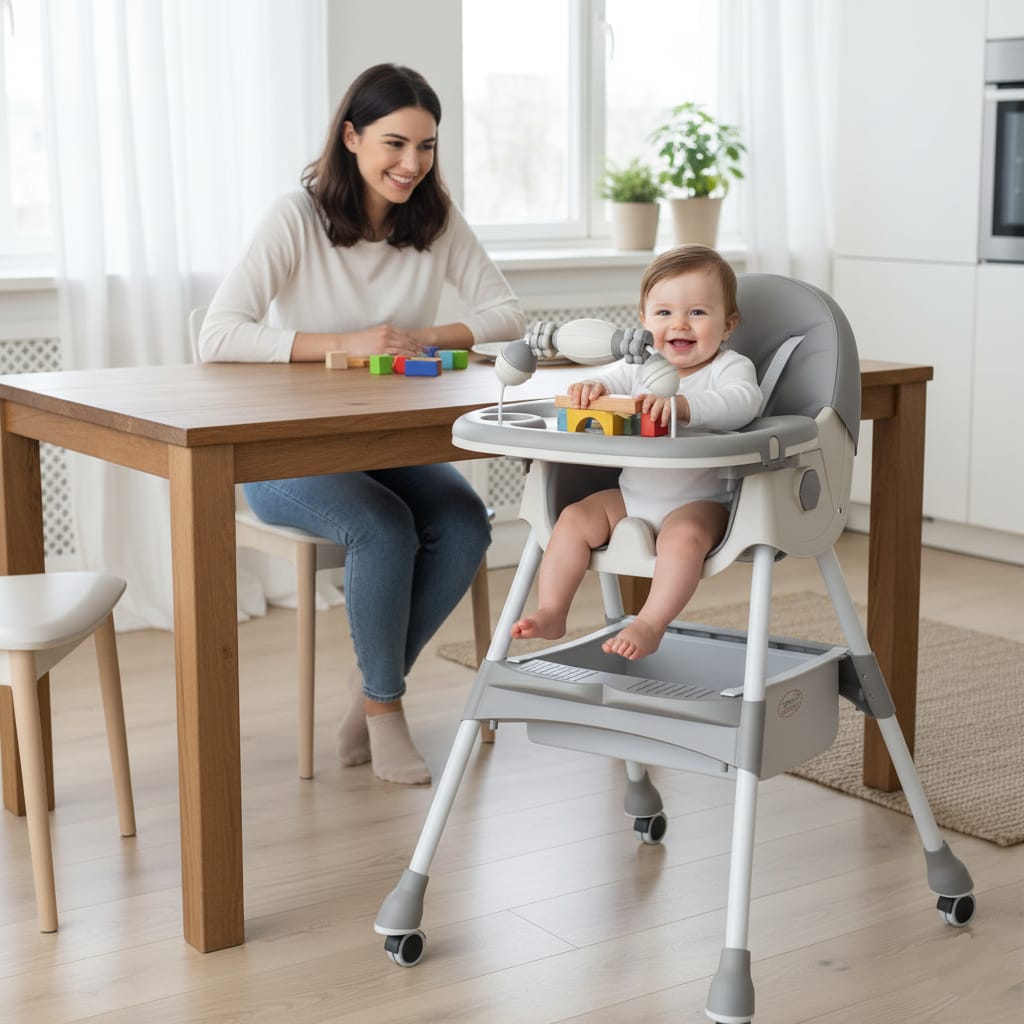 Scaun de masa 3 in 1 pentru bebelusi si copii, reglabil pe 3 niveluri, cu centura in 5 puncte si tavita detasabila, gri deschis 2