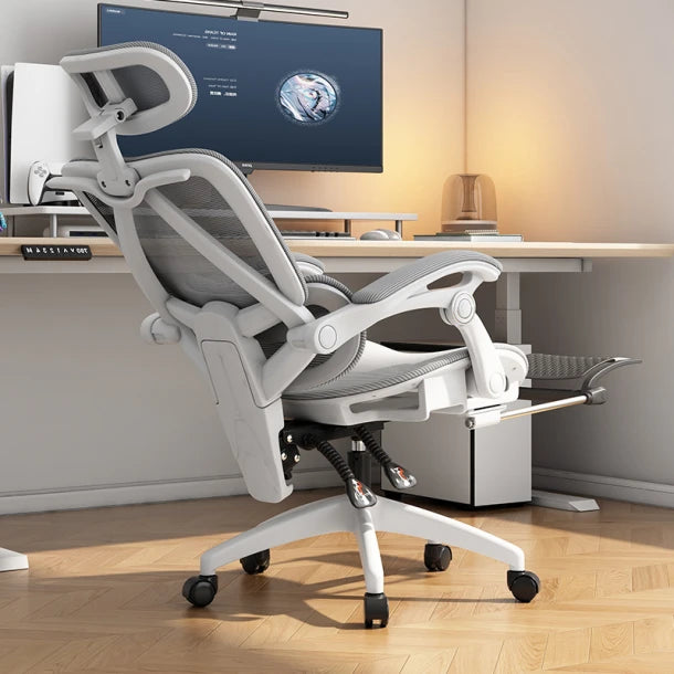 Scaun de birou ergonomic cu suport lombar dinamic, tetiera 3D si cotiere reglabile, mesh alb-gri