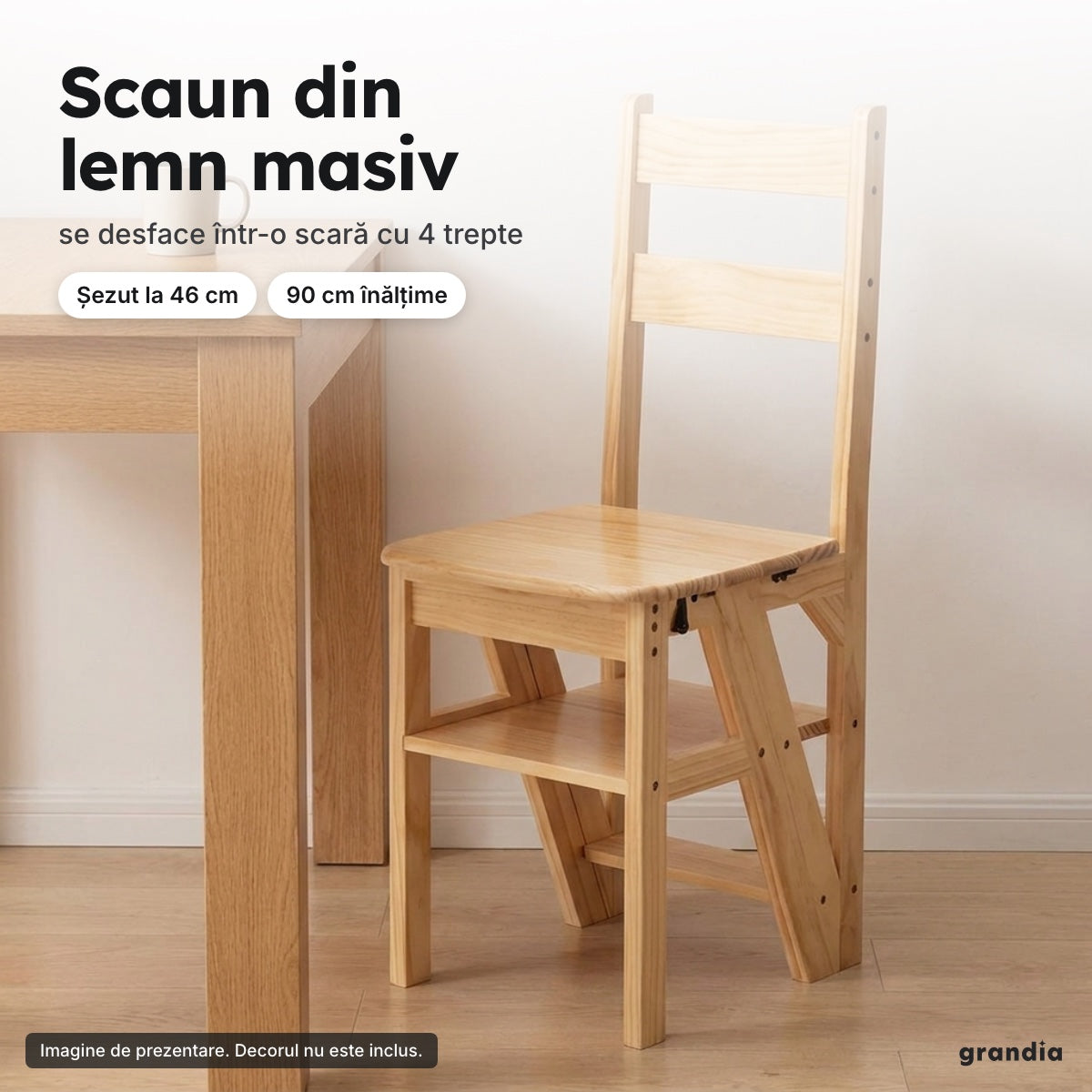 Scaun-scară din lemn masiv, 4 trepte, natural – Scaun din lemn masiv