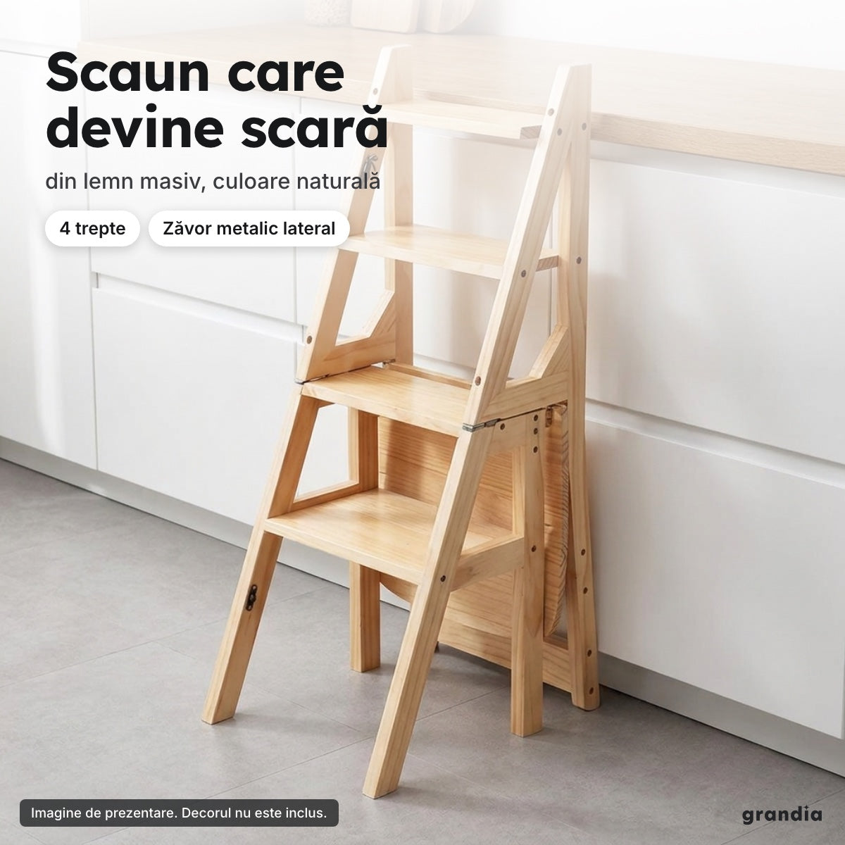 Scaun-scară din lemn masiv, 4 trepte, natural – Scaun care devine scară
