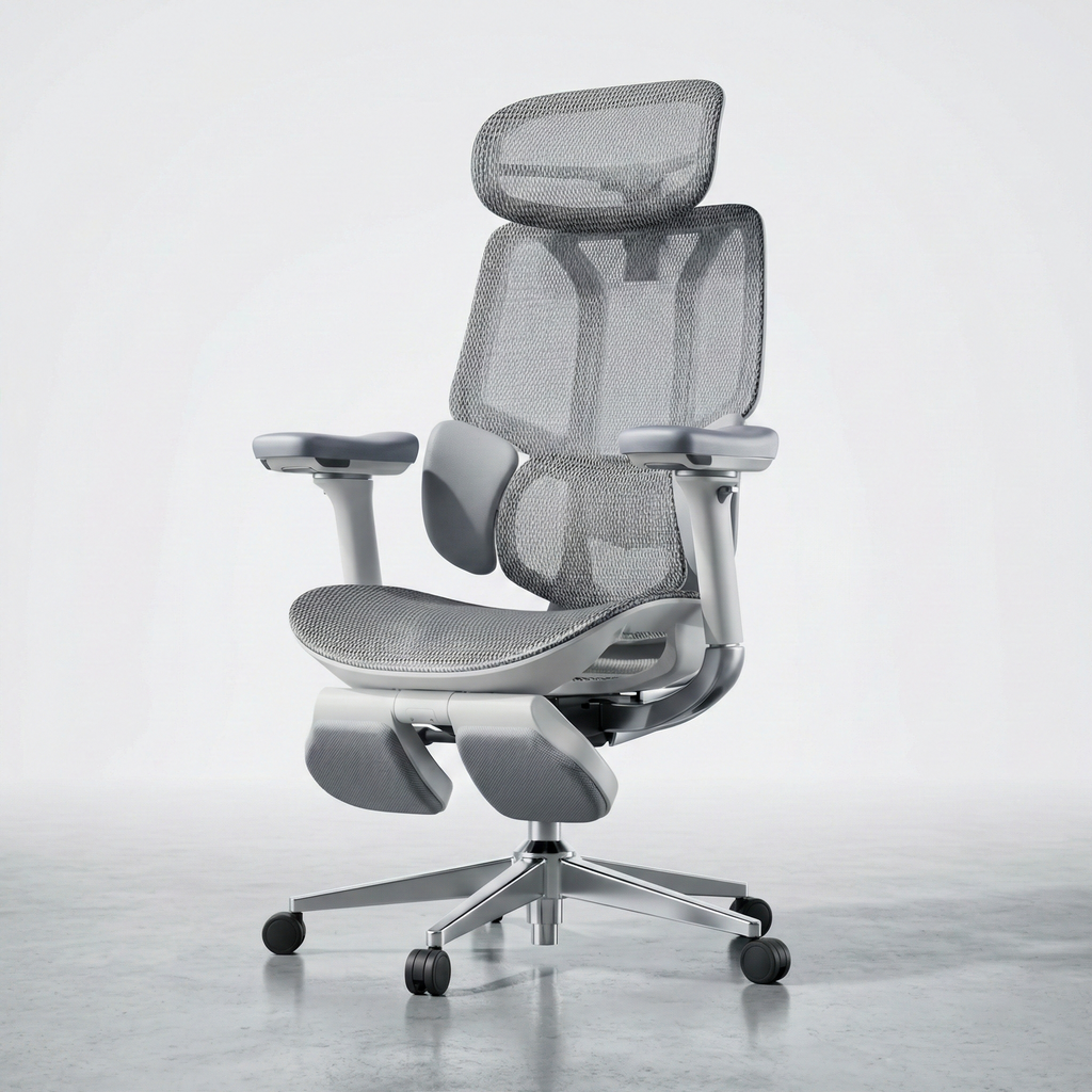 Scaun de birou ergonomic cu suport lombar dinamic, tetiera 3D si cotiere reglabile, mesh alb-gri