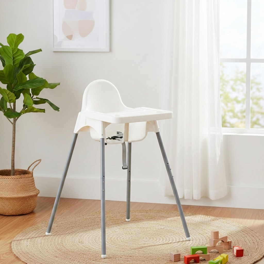 Scaun inaltator pentru bebelusi cu inaltime reglabila, tava detasabila si suport pentru pahare, alb