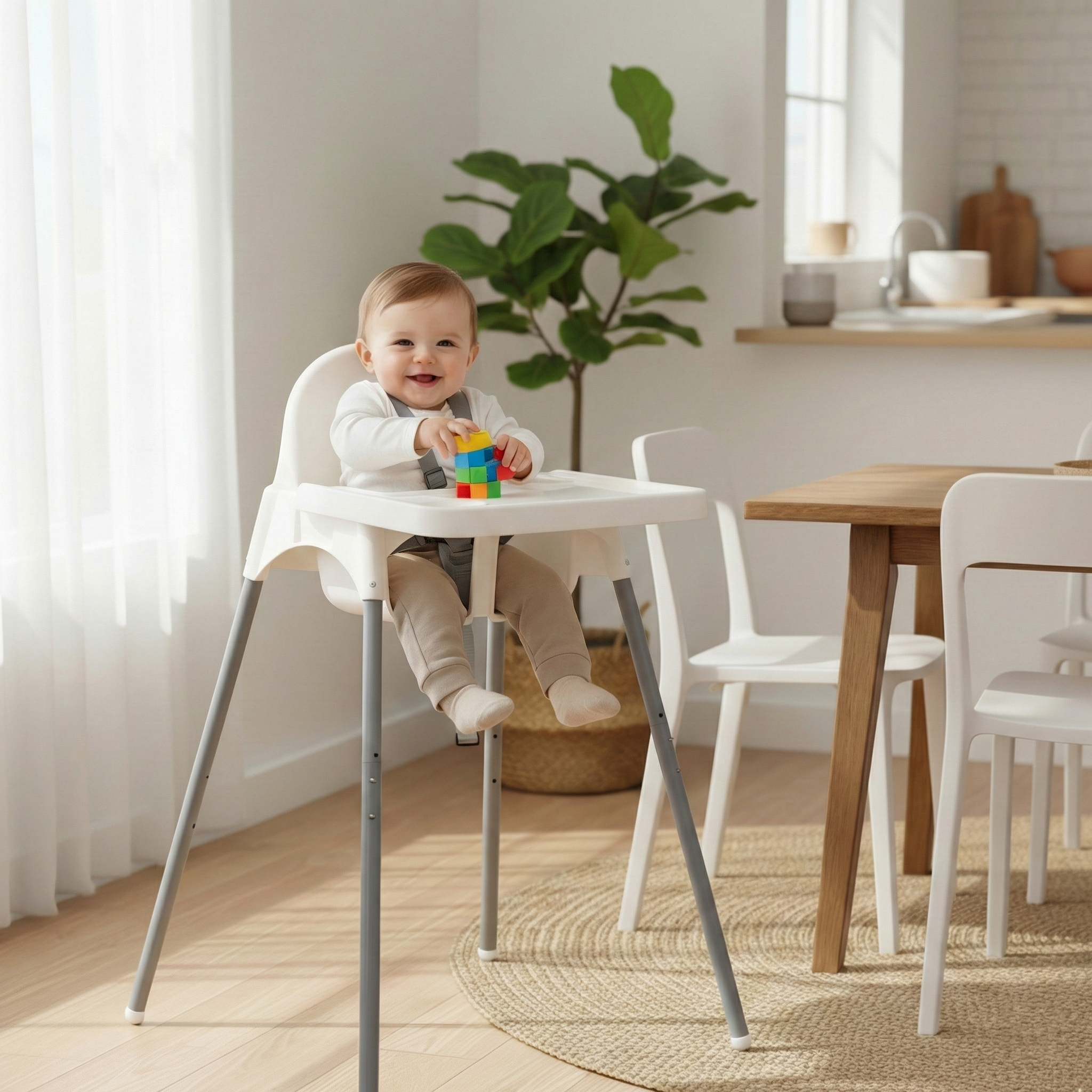 Scaun inaltator pentru bebelusi cu inaltime reglabila, tava detasabila si suport pentru pahare, alb