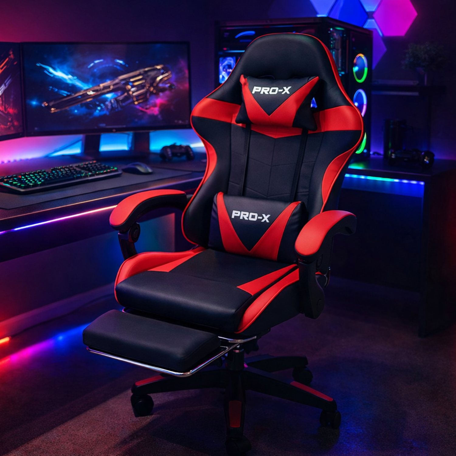 PRO-X COMFORT Scaun Gaming cu Suport pentru Picioare, Negru-Roșu