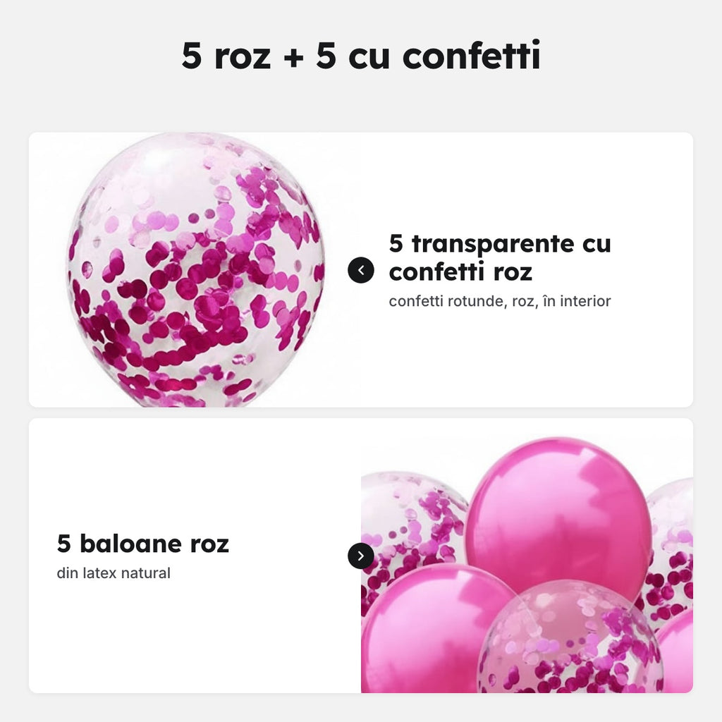 Set 10 baloane din latex, 25 cm: 5 roz + 5 transparente cu confetti – 5 roz + 5 cu confetti