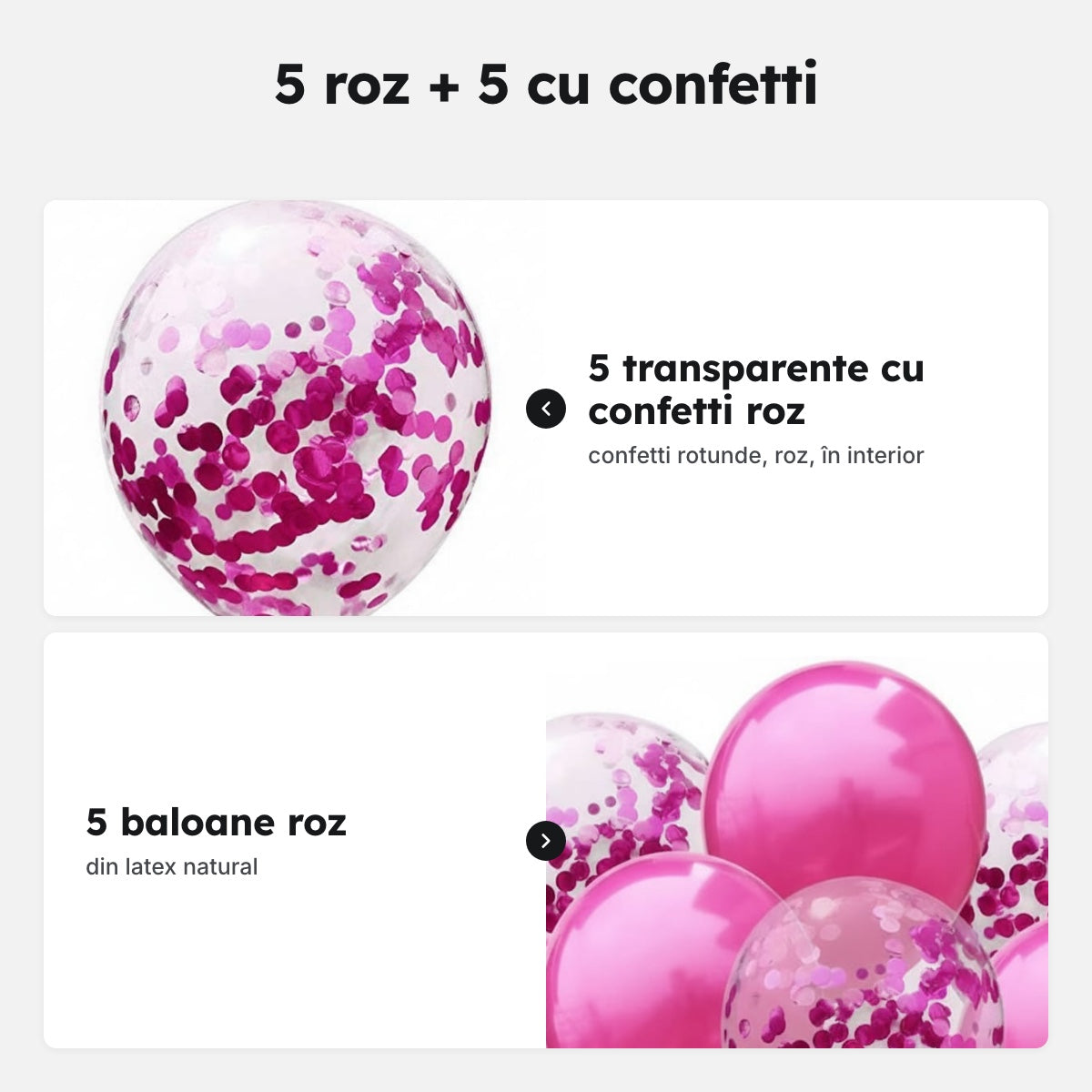 Set 10 baloane din latex, 25 cm: 5 roz + 5 transparente cu confetti – 5 roz + 5 cu confetti