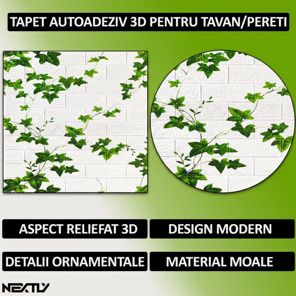 Set 10x tapet 3D caramida cu iedera, panouri autoadezive 4.9mp, 70x70 cm 2