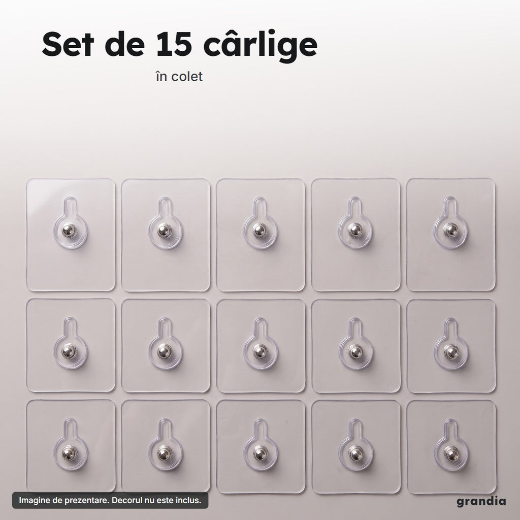 Setul de 15 cârlige autoadezive transparente, așezate pe 3 rânduri