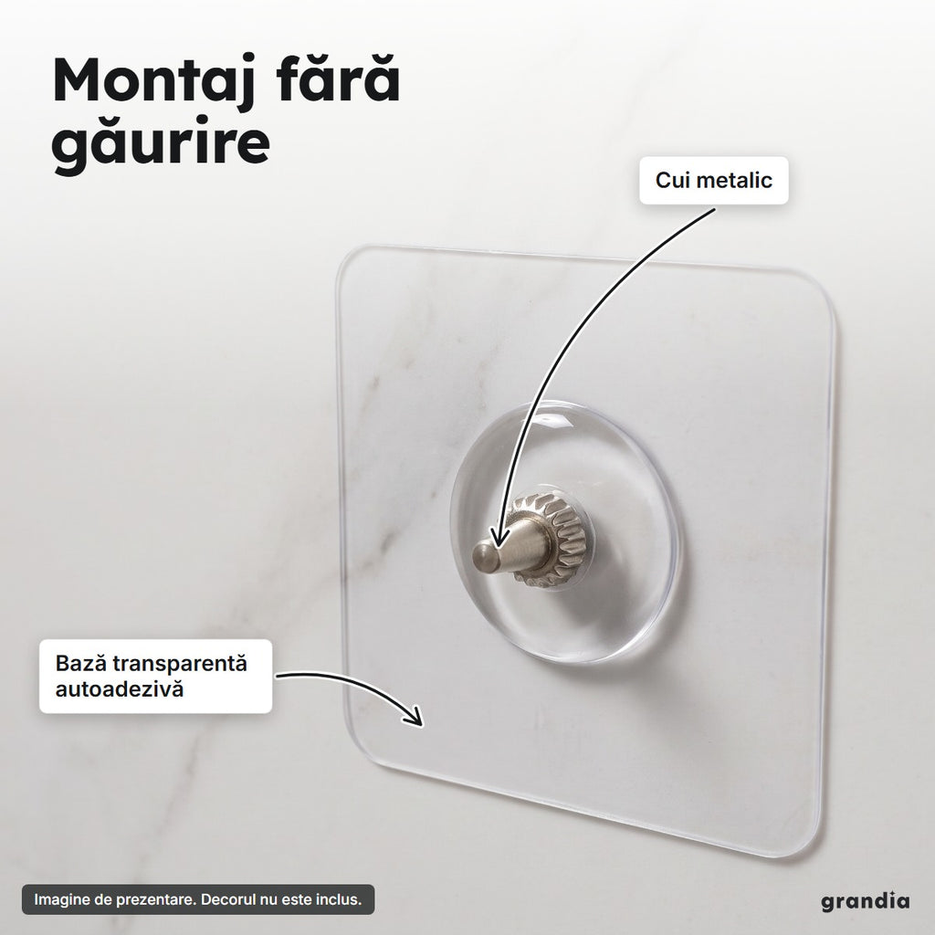 Cârlig autoadeziv cu cui metalic pe perete de marmură, montaj fără găurire