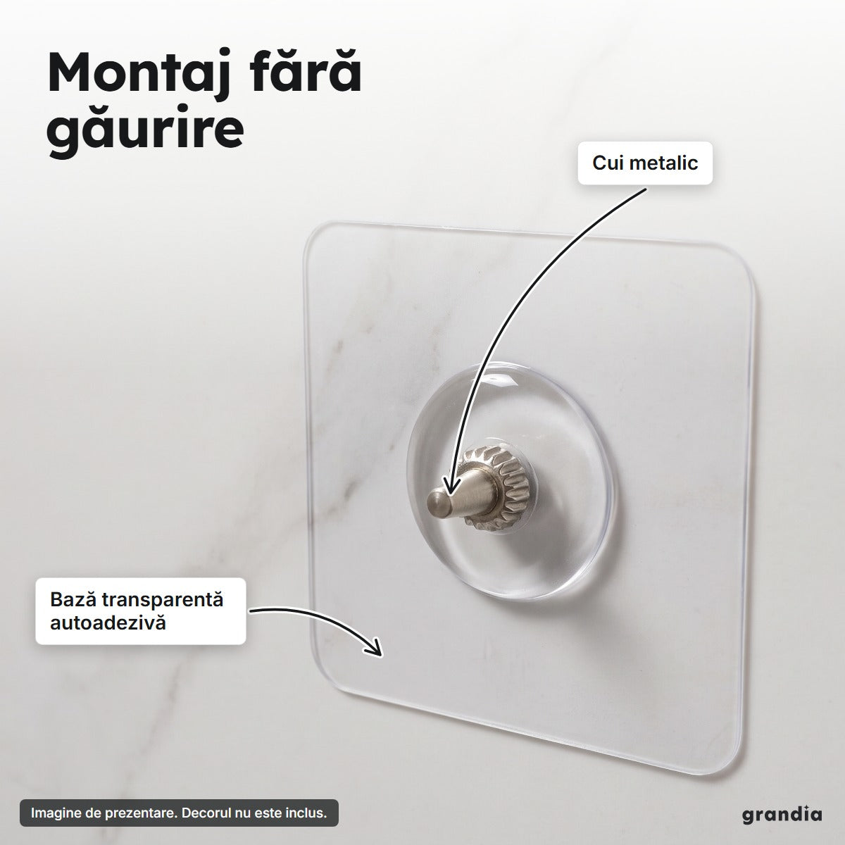 Cârlig autoadeziv cu cui metalic pe perete de marmură, montaj fără găurire