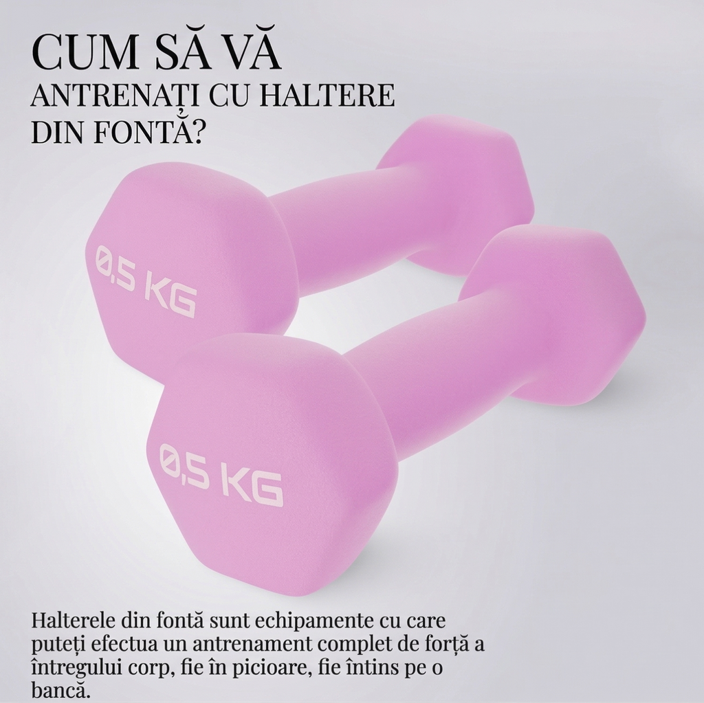 Set 2 Gantere Fitness din Fonta si Vinil, 2 x 0,5 kg, Roz 1