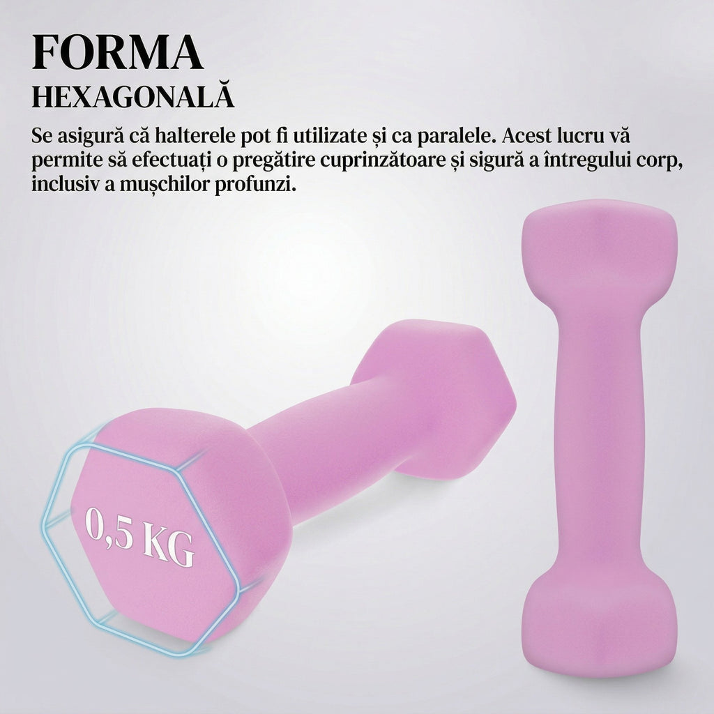 Set 2 Gantere Fitness din Fonta si Vinil, 2 x 0,5 kg, Roz 5