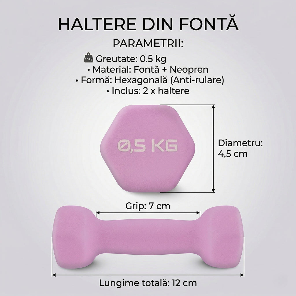 Set 2 Gantere Fitness din Fonta si Vinil, 2 x 0,5 kg, Roz 6