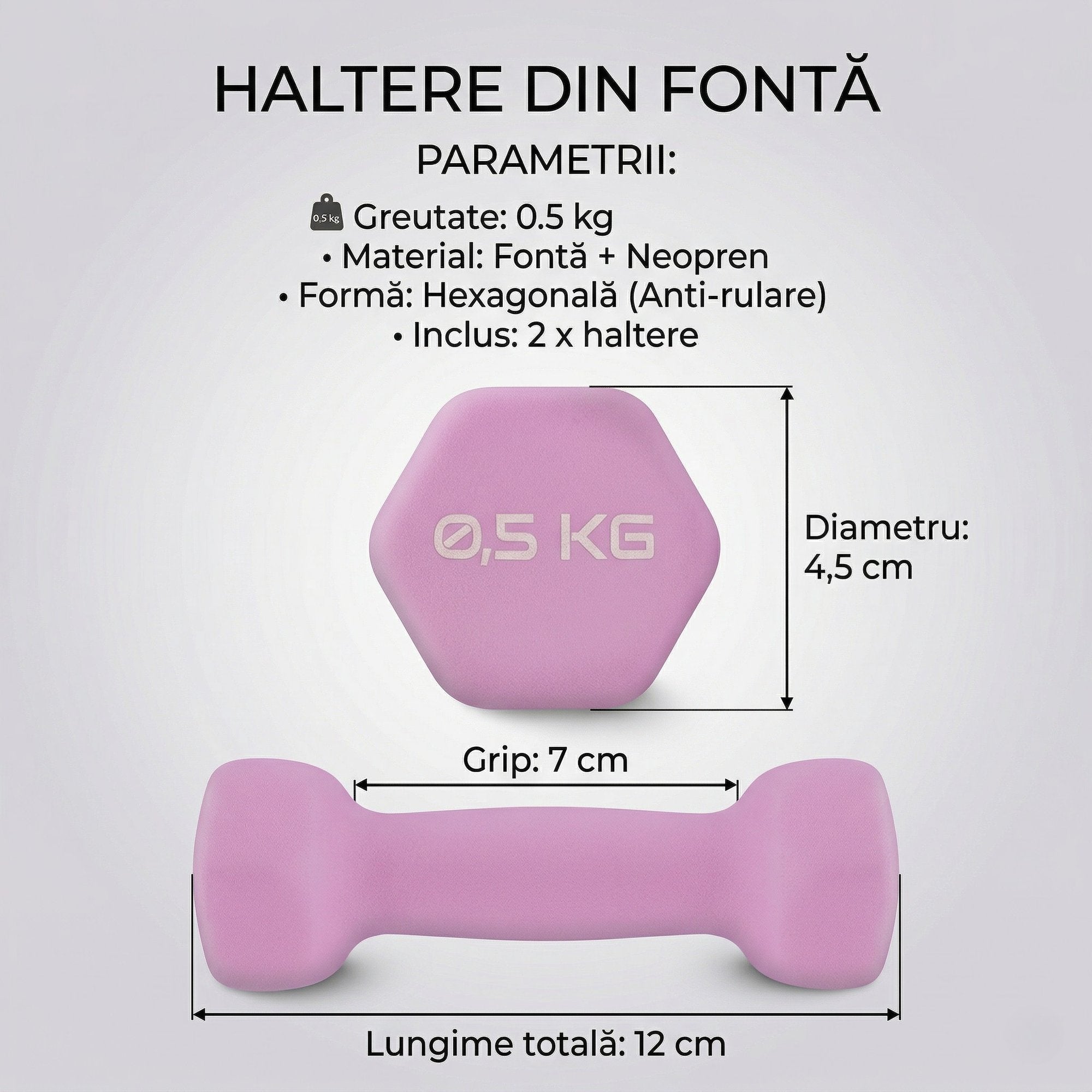 Set 2 Gantere Fitness din Fonta si Vinil, 2 x 0,5 kg, Roz 6