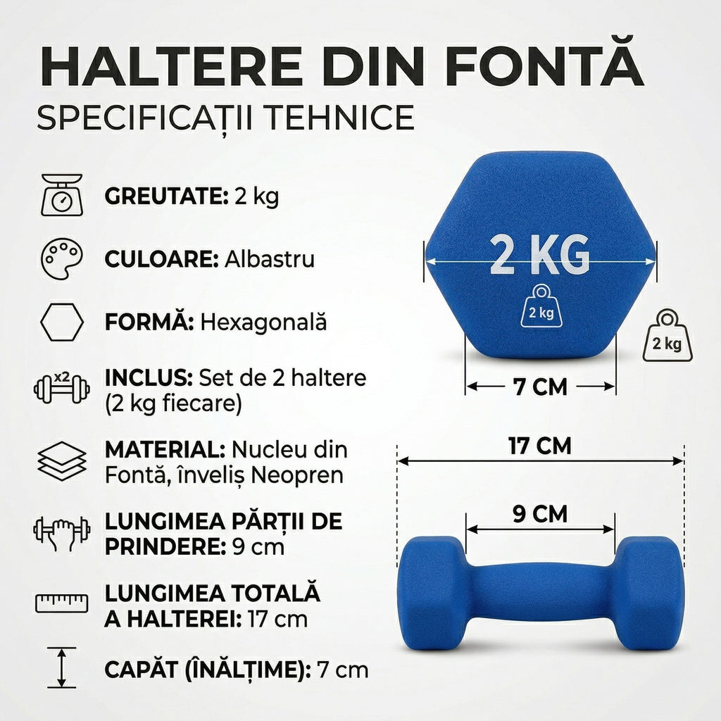 Set 2 Gantere Fitness din Fonta si Vinil, 2 x 2 kg, Albastru 7