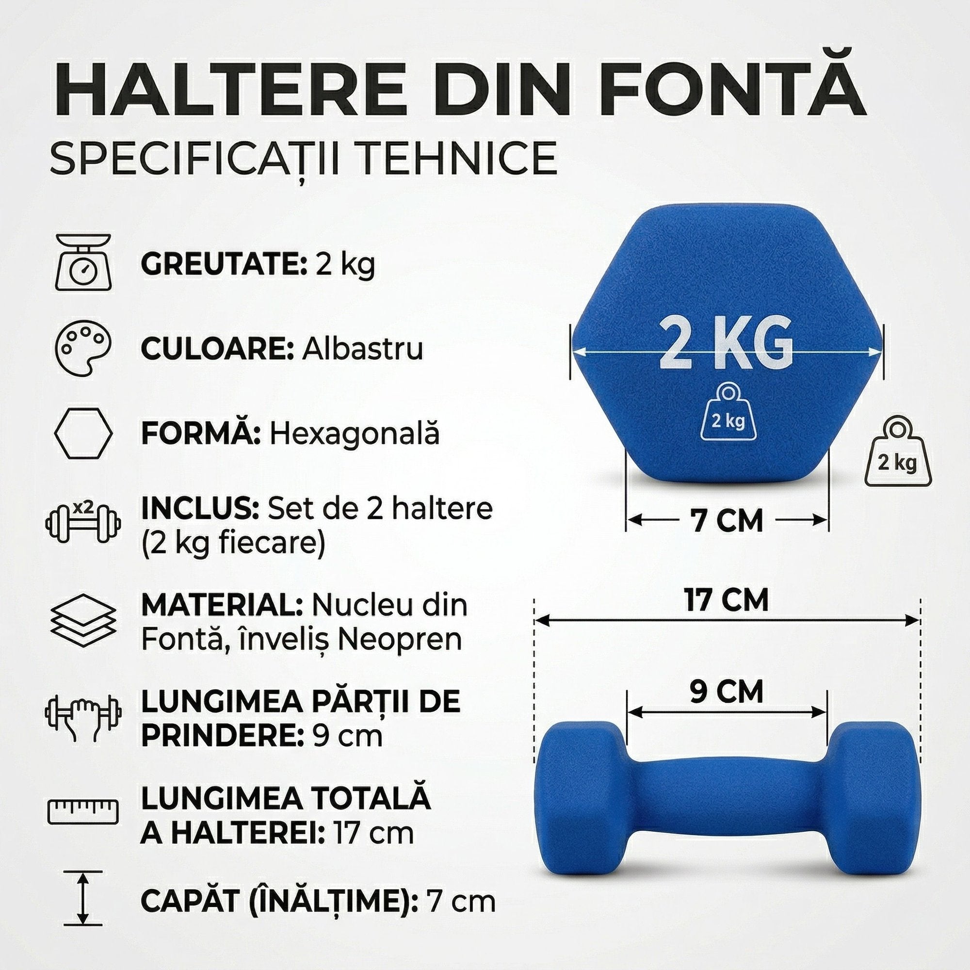 Set 2 Gantere Fitness din Fonta si Vinil, 2 x 2 kg, Albastru 7