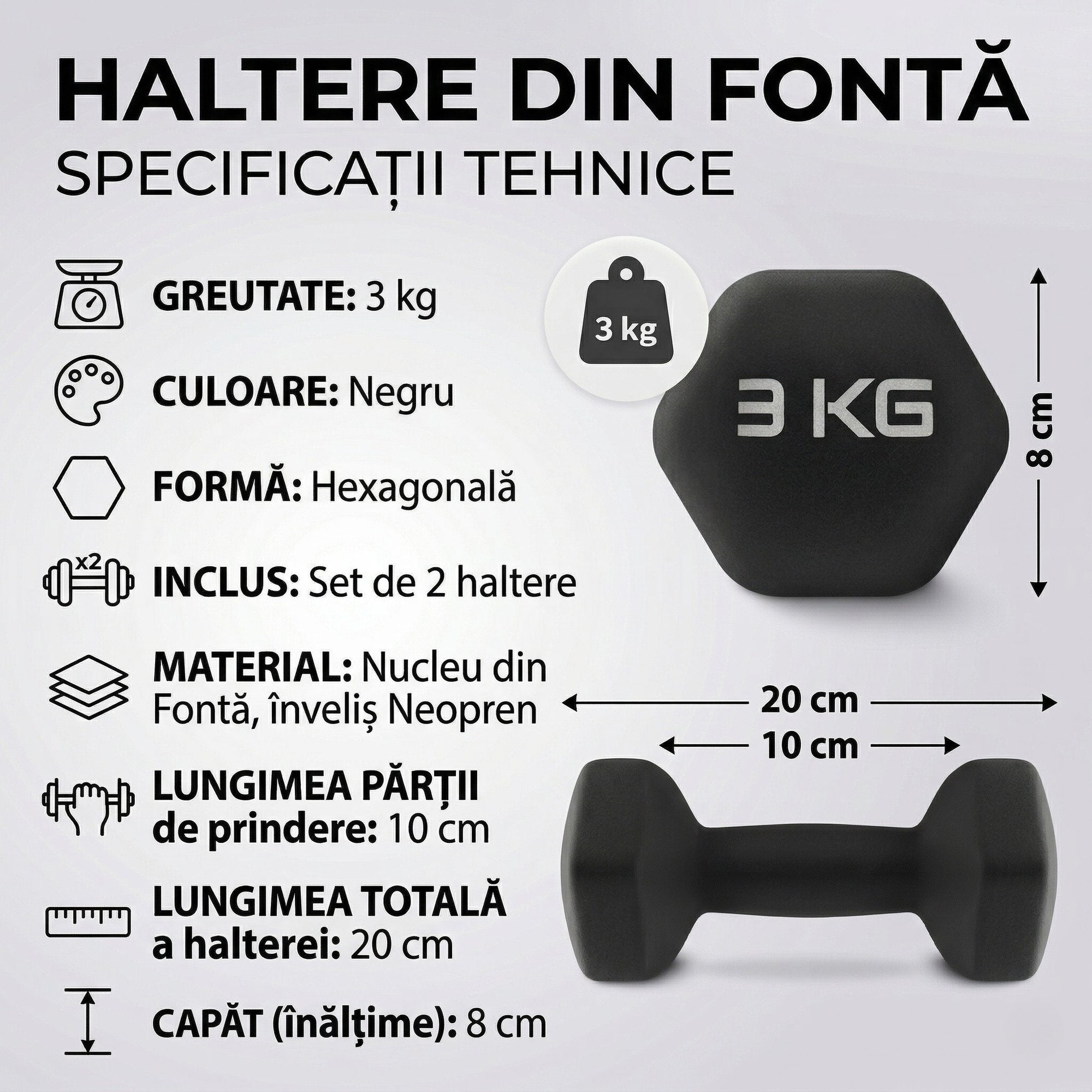Set 2 Gantere Fitness din Fonta si Vinil – 2 x 3 kg, Negru 7