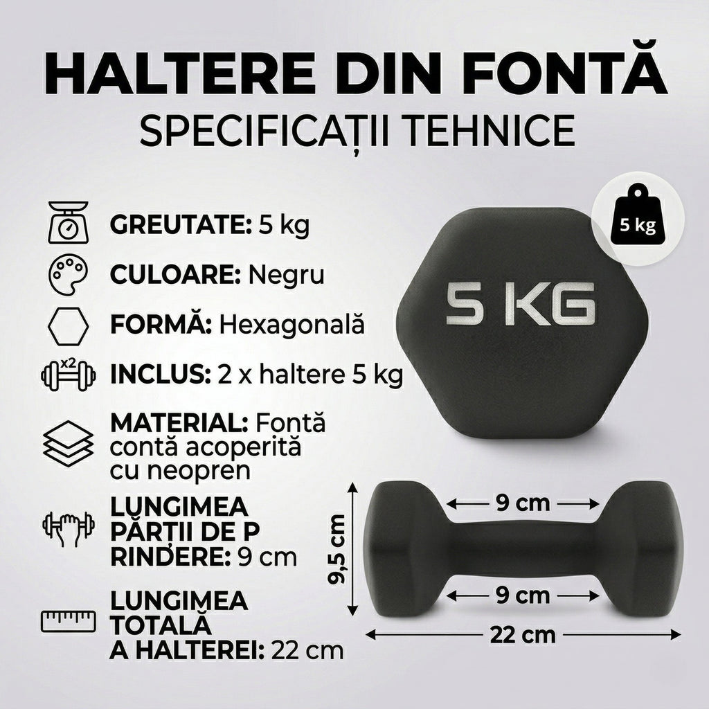 Set 2 Gantere Fitness din Fonta si Vinil – 2 x 5 kg, Negru 5