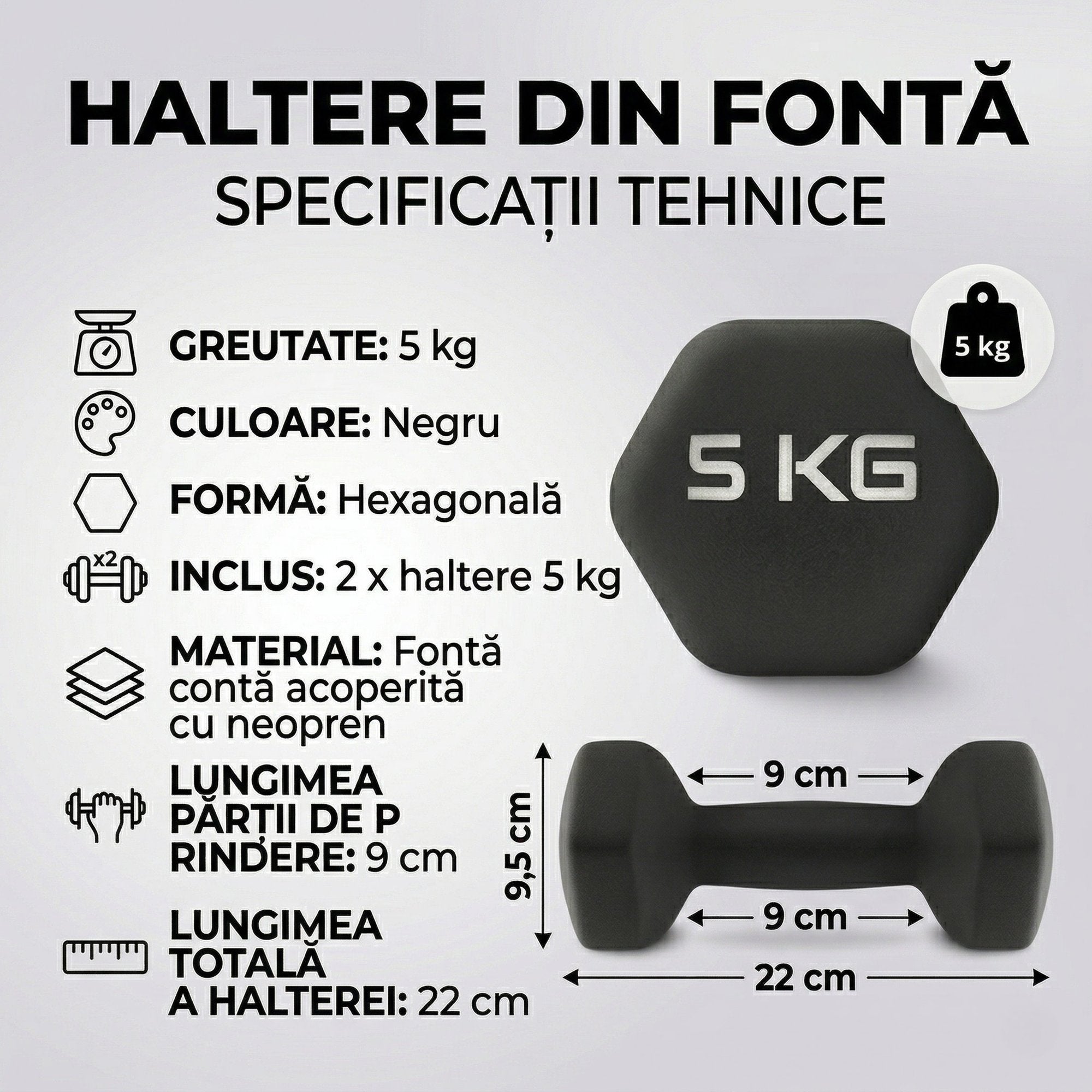 Set 2 Gantere Fitness din Fonta si Vinil – 2 x 5 kg, Negru 5