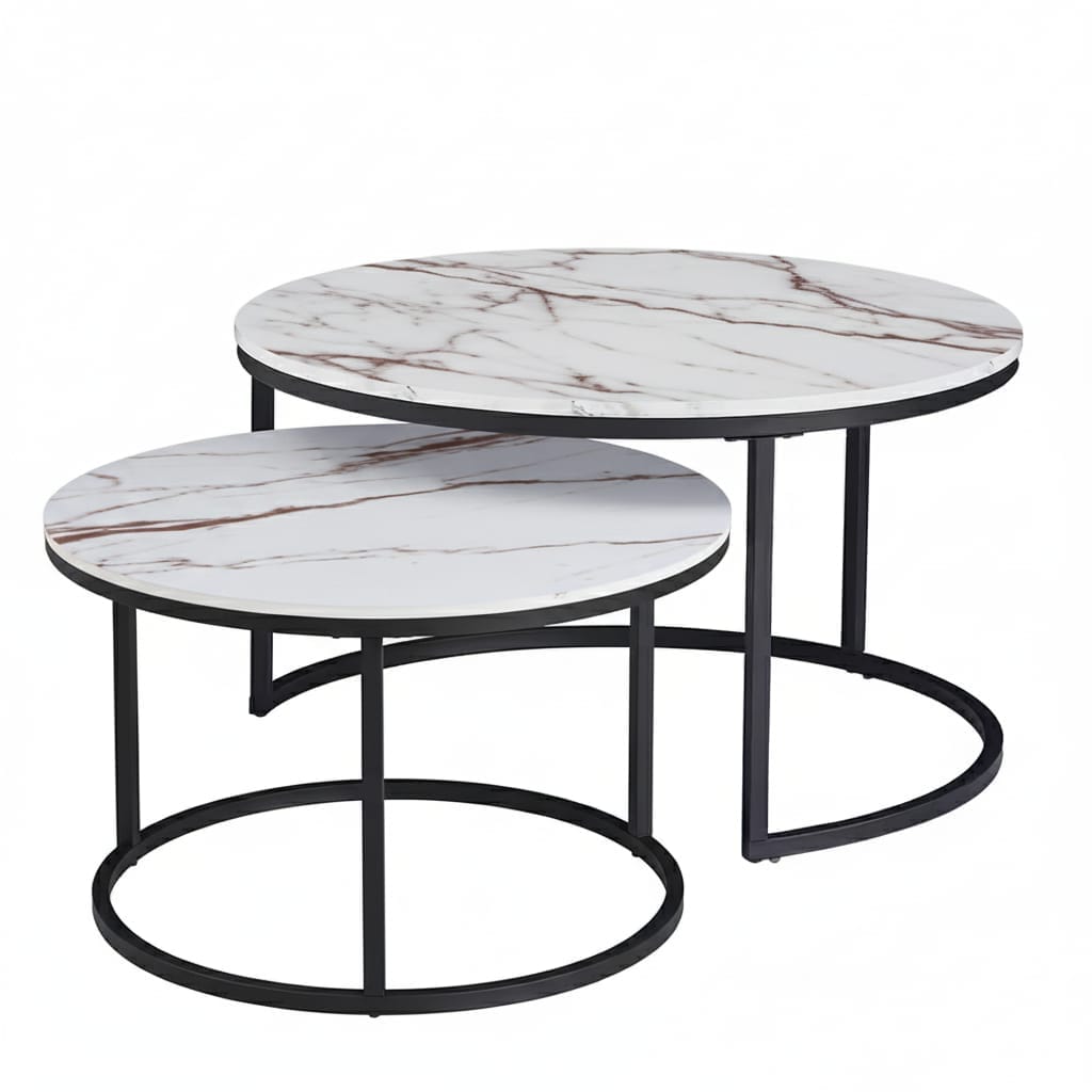 Set 2 Măsuțe de Cafea cu Efect Marmură, Alb, Diametru 80/60 cm, Design Compact 1