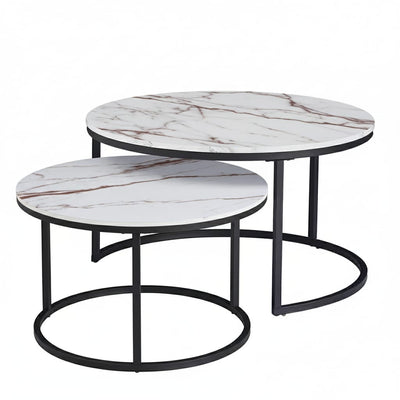 Set 2 Măsuțe de Cafea cu Efect Marmură, Alb, Diametru 80/60 cm, Design Compact 1