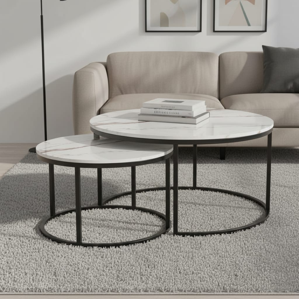 Set 2 Măsuțe de Cafea cu Efect Marmură, Alb, Diametru 80/60 cm, Design Compact 3