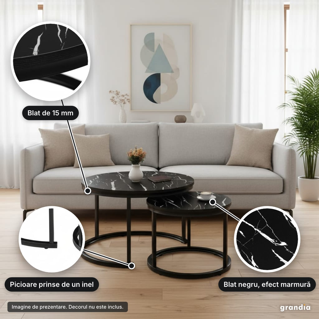 Set 2 măsuțe negre, efect marmură – detalii de aproape