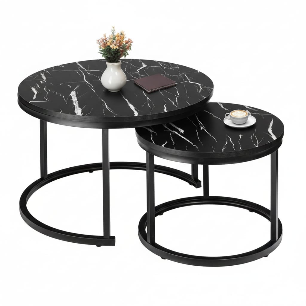 Set 2 Măsuțe de Cafea Negre cu Efect Marmură, Diametru 80/60 cm, Design Elegant 1