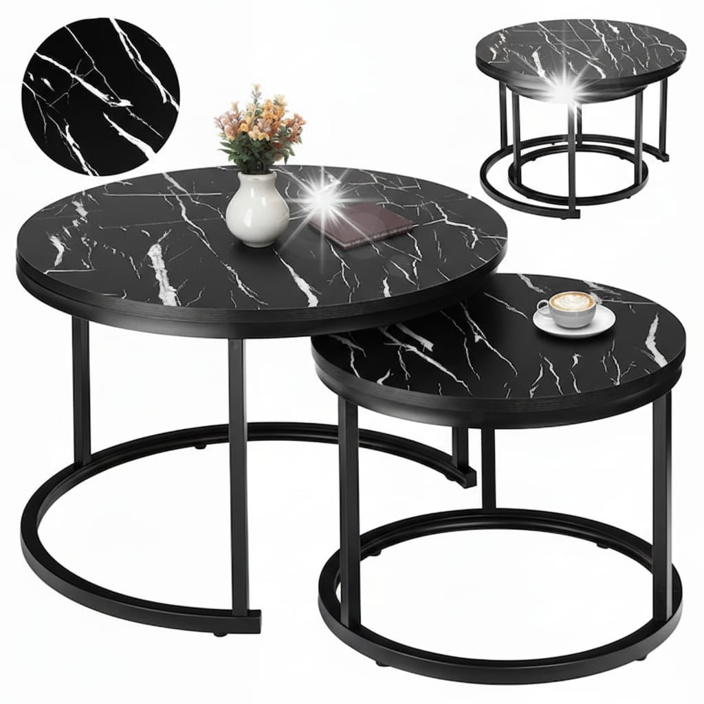 Set 2 Măsuțe de Cafea Negre cu Efect Marmură, Diametru 80/60 cm, Design Elegant 2