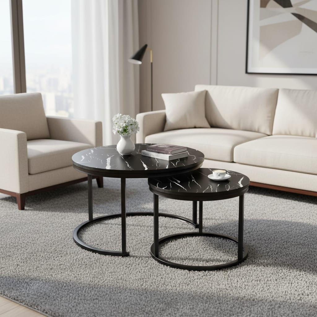 Set 2 Măsuțe de Cafea Negre cu Efect Marmură, Diametru 80/60 cm, Design Elegant 5