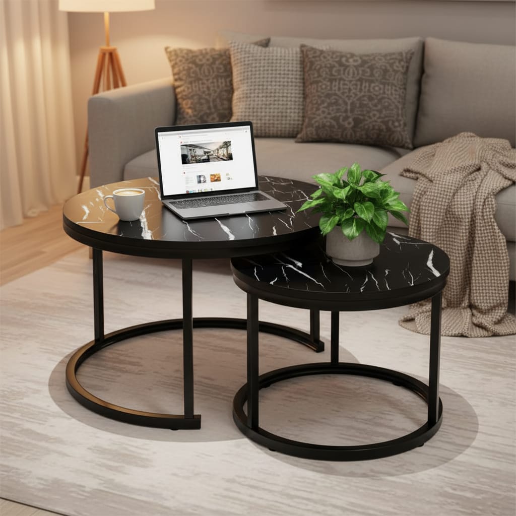 Set 2 Măsuțe de Cafea Negre cu Efect Marmură, Diametru 80/60 cm, Design Elegant 6