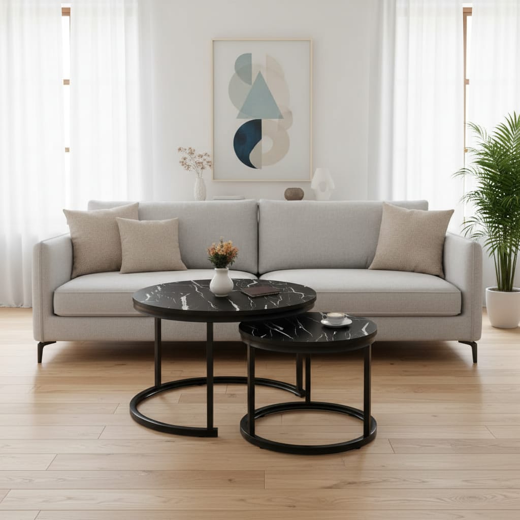 Set 2 Măsuțe de Cafea Negre cu Efect Marmură, Diametru 80/60 cm, Design Elegant 8