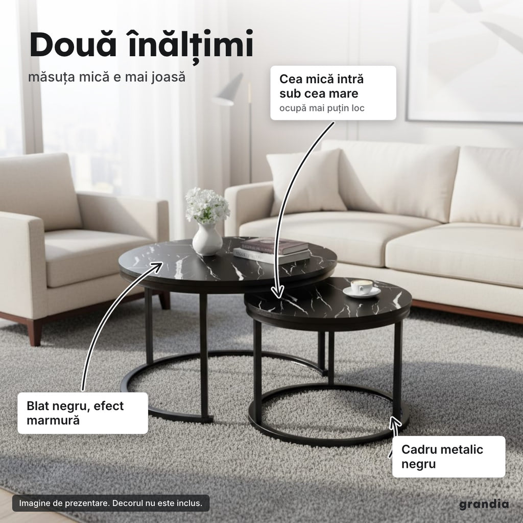 Set 2 măsuțe negre, efect marmură – Două înălțimi