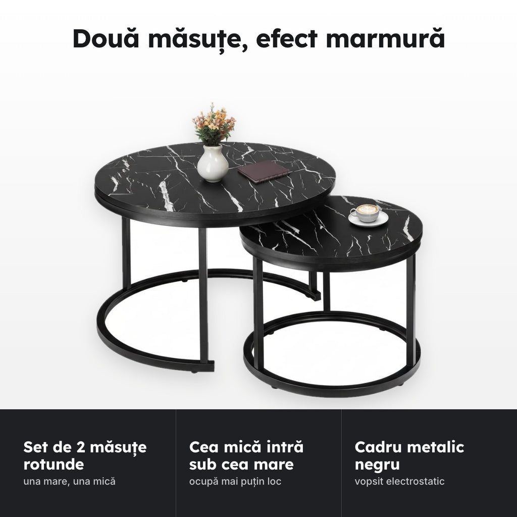 Set 2 măsuțe negre, efect marmură – Două măsuțe, efect marmură
