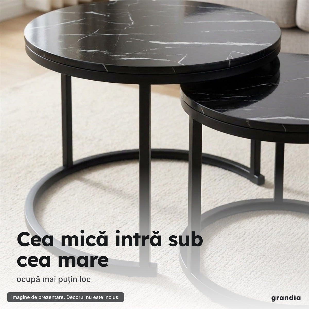 Set 2 măsuțe negre, efect marmură – Cea mică intră sub cea mare