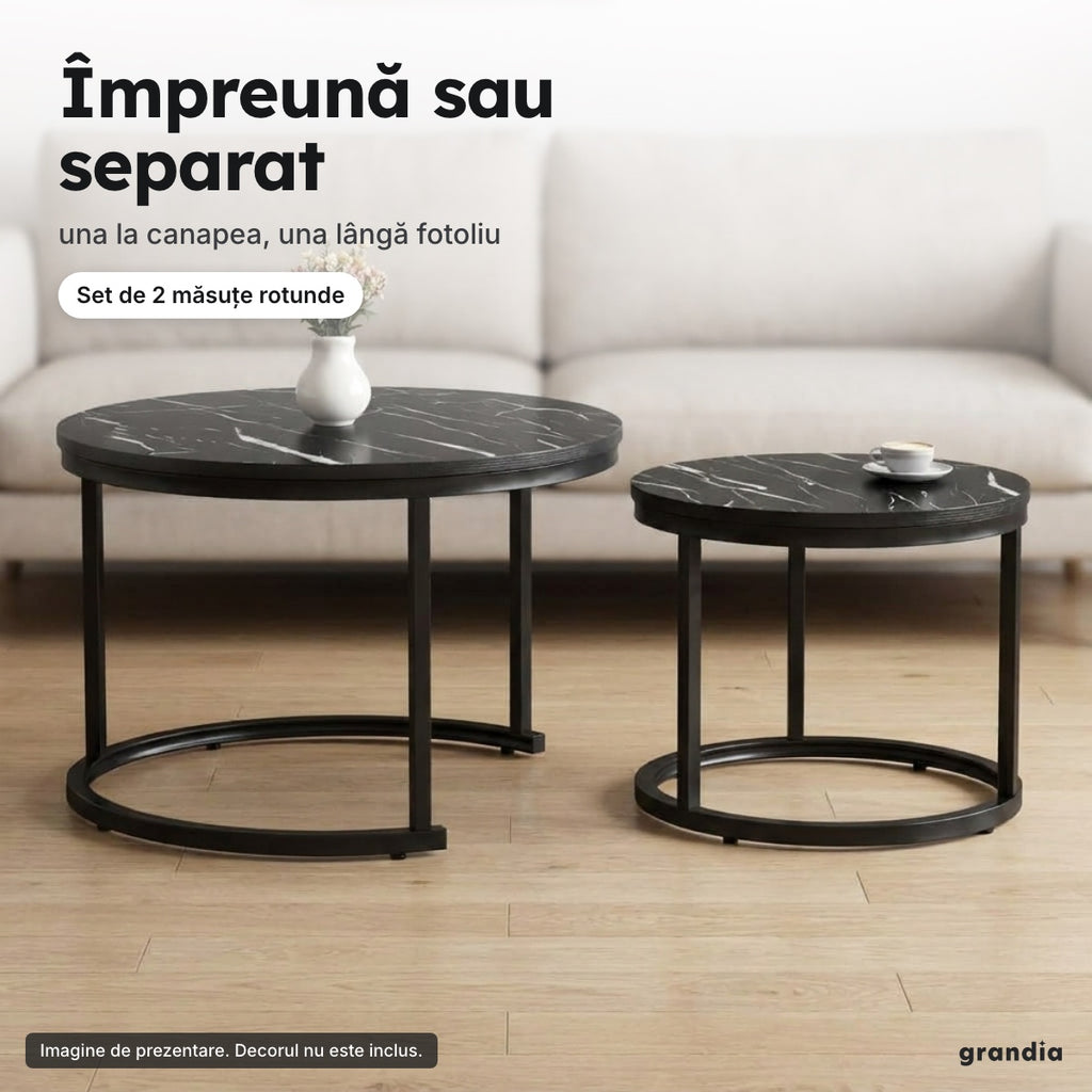 Set 2 măsuțe negre, efect marmură – Împreună sau separat