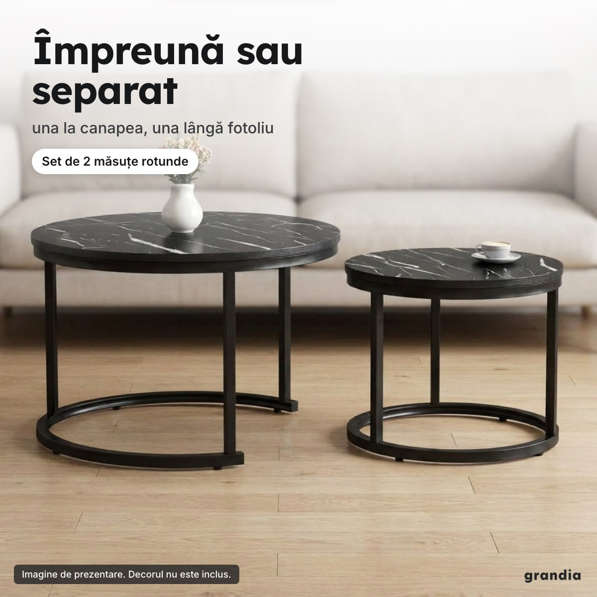 Set 2 măsuțe negre, efect marmură – Împreună sau separat