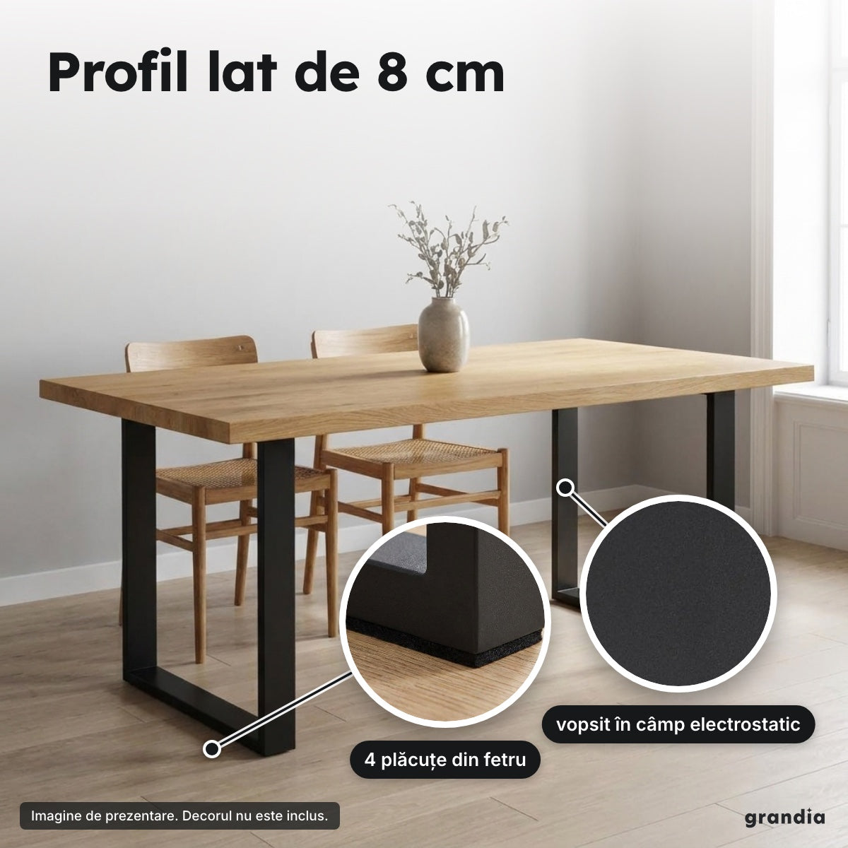 Set 2 picioare masă, oțel negru – Profil lat de 8 cm