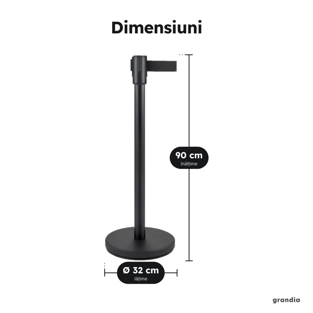 Set 2 stâlpi negri, bandă retractabilă 2 m – Dimensiuni
