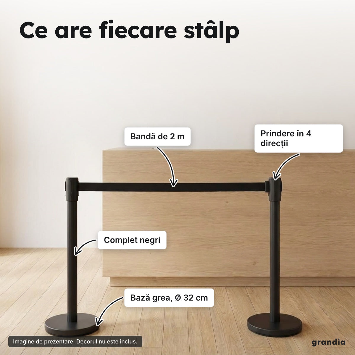Set 2 stâlpi negri, bandă retractabilă 2 m – Ce are fiecare stâlp