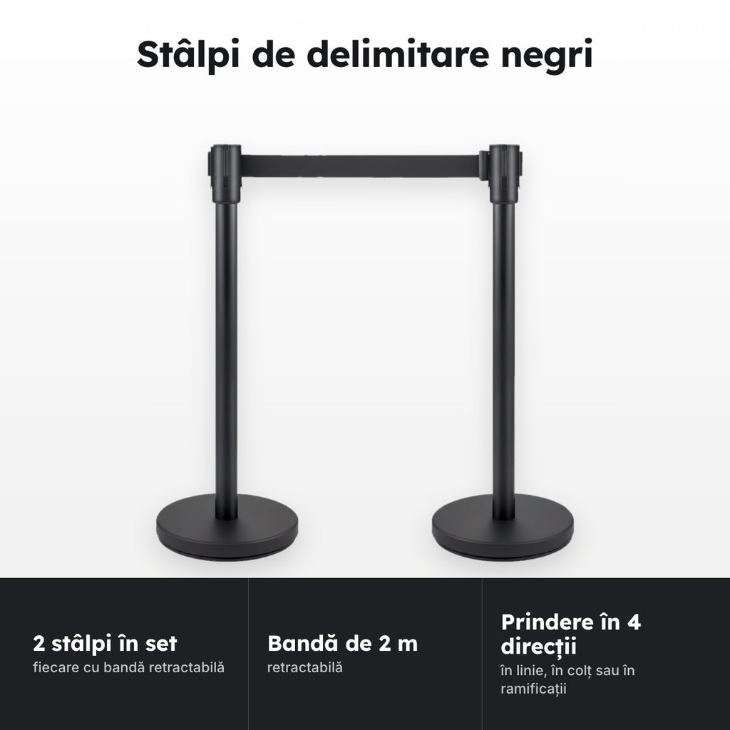 Set 2 stâlpi negri, bandă retractabilă 2 m – Stâlpi de delimitare negri