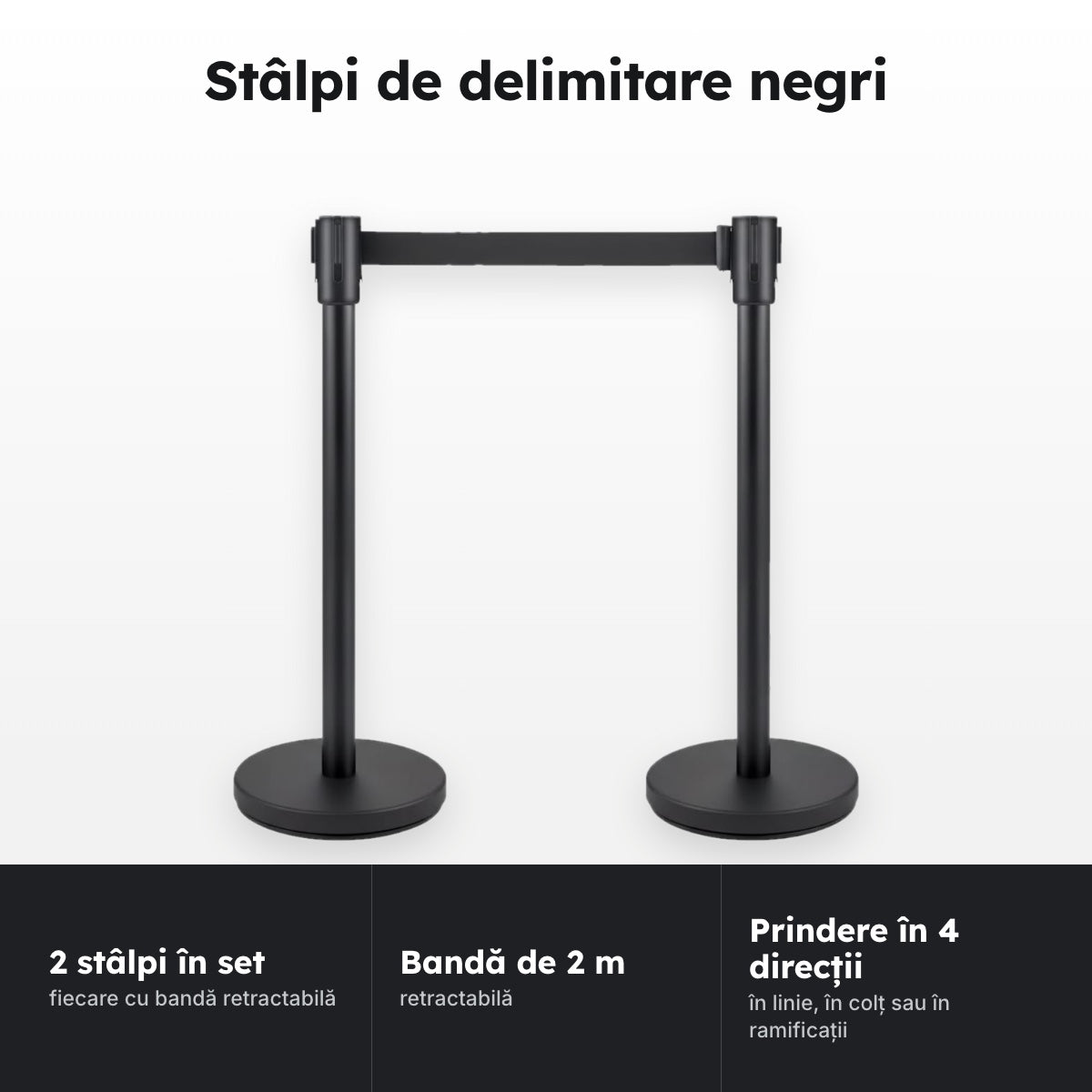 Set 2 stâlpi negri, bandă retractabilă 2 m – Stâlpi de delimitare negri